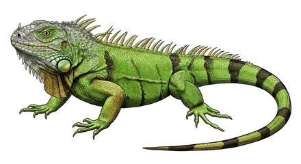 Fototapeta premium Green iguana detailed illustration reptile wildlife animal closeup