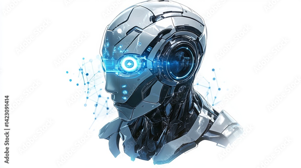Poster futuristic robot head advanced technology artificial intelligence design 3d ai blue grey data white