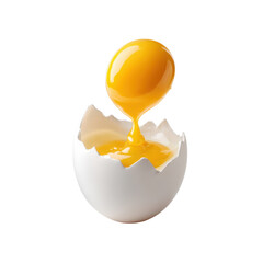 Close up view of a cracked open egg with the bright yellow yolk and creamy white albumen flowing out of the broken eggshell against a plain white background