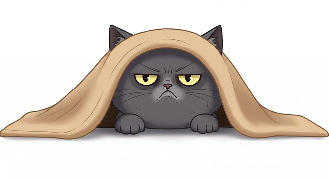 Grumpy cat under blanket cute cartoon pet illustration