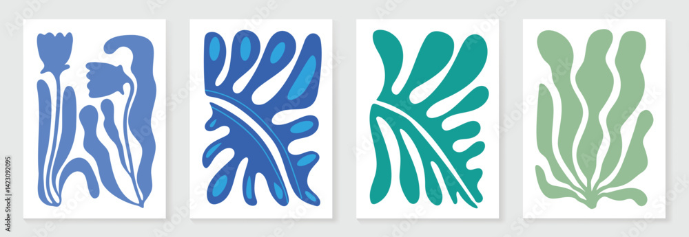 Poster botanical doodle background art vector set. flower and leaves abstract shape doodle art design for p