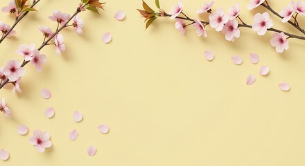 Fototapeta premium Cherry Blossom Branches and Petals on Light Yellow Background