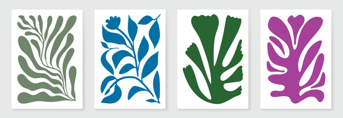 Botanical doodle background art vector set. Flower and leaves abstract shape doodle art design for print, wallpaper, clipart, wall art for home decoration.