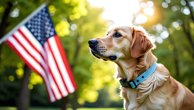 Golden Retriever's Patriotism: A golden retriever sits proudly beside the American flag, captured in natural light, embodying the spirit of patriotism and companionship.