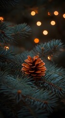 Christmas Pine Cone Closeup with Bokeh Lights