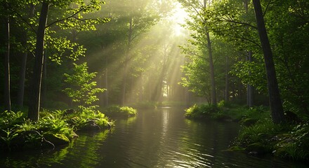 Obraz premium River Flowing Through Forest with Sunlight Streaming Through Trees