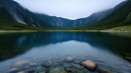 Serene mountain lake reflecting misty peaks.  Crystal-clear water, smooth surface, and a calm atmosphere in a mountain valley, with rocks along the shoreline.