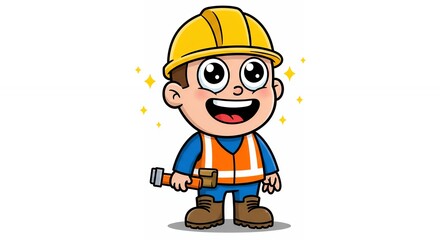 Happy construction worker cartoon illustration child safety building bright colors