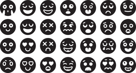 Emoji Silhouette Vector Collection with Emotion Face Icons in Black Minimal Style