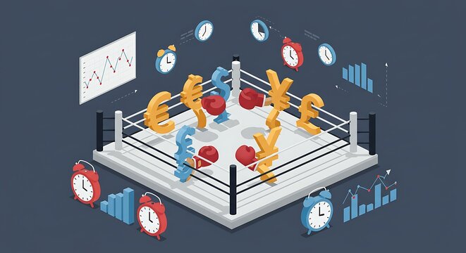Currency Symbols Boxing Match Time and Market Trends Illustration