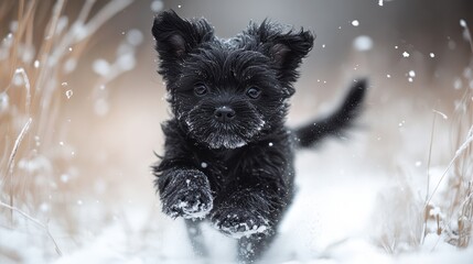 Playful black puppy frolics in a winter wonderland.