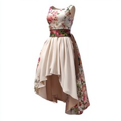 High-low dress with floral waist belt - isolated on white background 