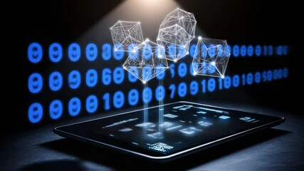 Transparent Dice Floating With Binary Code in a High-Tech Digital Environment - Powered by Adobe