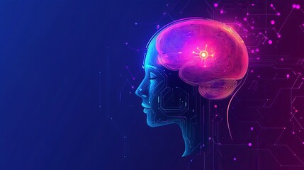Abstract digital female head with brain circuitry lines and pink neon brain data blue glow mind cyber