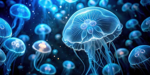 Obraz premium Translucent ethereal jellyfish floats in darkness surrounded by soft blue glow of bioluminescent organisms, underwater, dark water