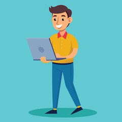 Young Man Using Laptop Concept Vector Illustration