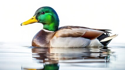 Obraz premium Mallard Duck in Water, Floating with Feathers Out, Isolated on White Background, calm scene, landscape