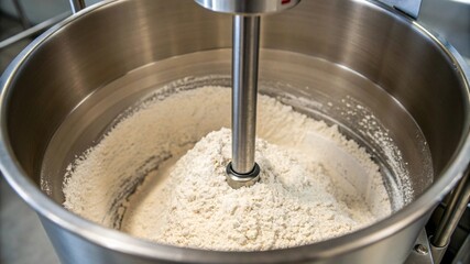 Stainless Steel Mixing Bowl with Flour and Mixer Food Production Bakery Ingredient