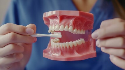 A dental professional using a jaw model and toothbrush to demonstrate proper brushing techniques to a smiling patient