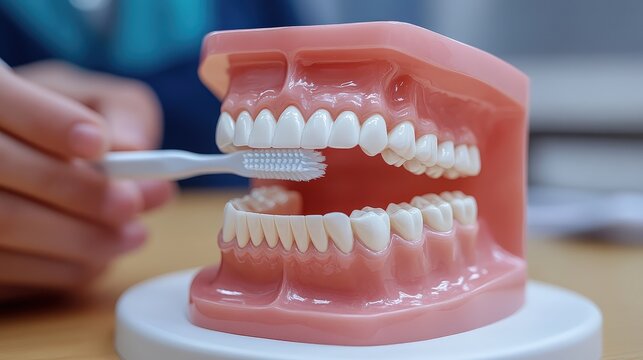 A dental professional using a jaw model and toothbrush to demonstrate proper brushing techniques to a smiling patient