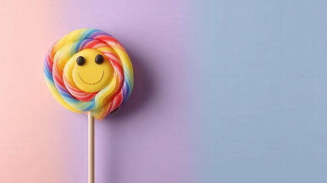 Bright and colorful lollipop displaying a smile on a clean surface bringing sweet joy and delight to viewers