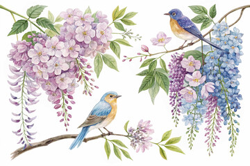Two charming bluebirds with vibrant blue and orange feathers are perched on delicate branches laden with purple and white wisteria blossoms in a soft watercolor style