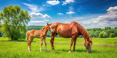 Fototapeta premium A beautiful red mare grazing peacefully under a sunny sky surrounded by lush greenery, with her foal playing in the distance