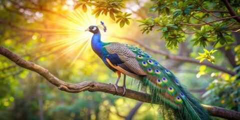 Naklejka premium Peacock perched elegantly on a magnolia tree branch, its iridescent feathers glistening in the sunlight filtering through the leafy canopy above , nature, bird perch