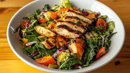 Close-up of a large white bowl filled with a salad. the salad is made up of various greens, including kale, cherry tomatoes, red onions, and yellow bell peppers.