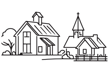 Quaint Village Landscape with Church and House Outline Illustration