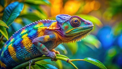 Obraz premium Vibrant chameleon perched on a branch amidst vibrant green foliage with hues of blue and yellow in the background, exotic