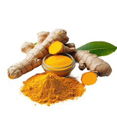 Yellow turmeric powder, a vibrant spice and food ingredient, sits in white bowls