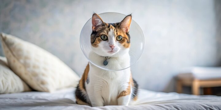 Calico cat sitting on a comfortable bed with a protective cone around her neck, showcasing a peaceful and relaxed atmosphere , calico cat, feline relaxation