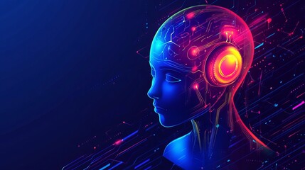 Abstract futuristic cyborg head neon glow digital art design red data blue pink color style energy