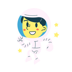 Smiling cartoon child astronaut floating with stars, wearing a helmet and spacesuit. Ideal for fun space themes, kids’ illustrations, or creative outer space visuals.