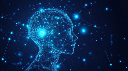 Abstract digital human head profile network connections blue glowing lines futuristic technology ai