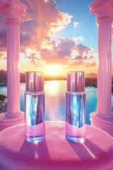 Pinkhued perfume bottles on a plush platform against a dreamy sunset backdrop