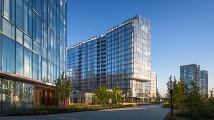 Obraz premium Contemporary skyline showcasing modern glass buildings against a clear blue sky