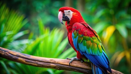 Obraz premium Vibrant Green Winged Macaw Perched on a Branch, Colorful Feathers, colorful plumage, wildlife
