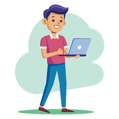 Young Man Using Laptop Concept Vector Illustration