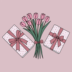 Illustration of a pink tulip bouquet with two ribbon-adorned gift boxes on a soft pastel background, symbolizing celebration, affection, and thoughtfulness