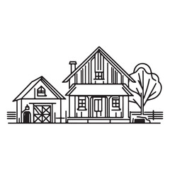 Cozy Farmhouse Vector Line Art Drawing Illustration Design