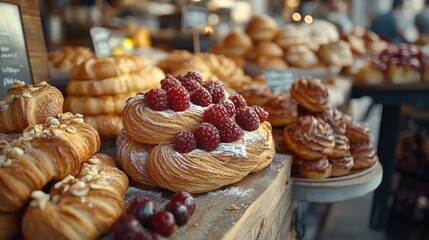 Fototapeta premium Freshly baked pastries displayed in a cozy bakery with customers enjoying their treats