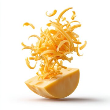 Shredded pieces of golden yellow cheese suspended in mid air creating a dynamic textural display of dairy based culinary delight