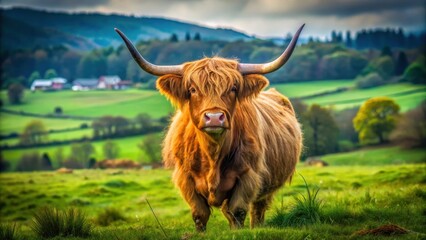 A majestic Scottish Highland cow stands proudly in a green meadow, its unique and colorful horns adding an abstract touch to the scene , farm animal, colorful horned cow