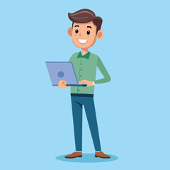 Young Man Using Laptop Concept Vector Illustration