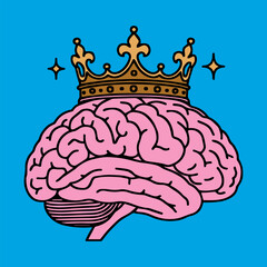 Colorful digital artwork depicting a pink brain adorned with a regal golden crown, symbolizing intelligence, imagination, and creativity in a vibrant and engaging style enhanced 