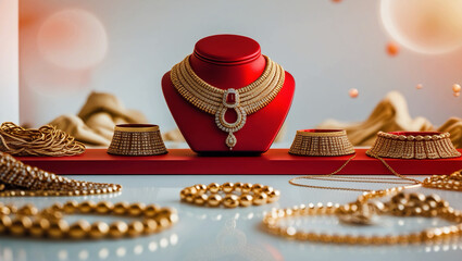 A luxurious still-life composition featuring a stunning array of gold necklaces artfully arranged on a sleek, modern red necklace display stand, isolated against a crisp, pure white background