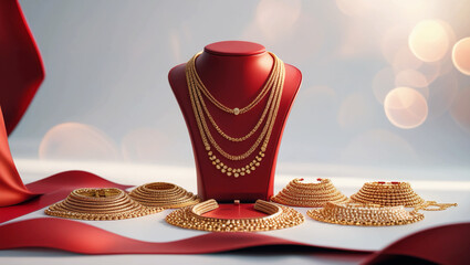 A luxurious still-life composition featuring a stunning array of gold necklaces artfully arranged on a sleek, modern red necklace display stand, isolated against a crisp, pure white background
