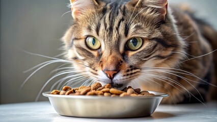 Close-up of cat happily eating pet food from a bowl, pet food, fur texture,  pet food